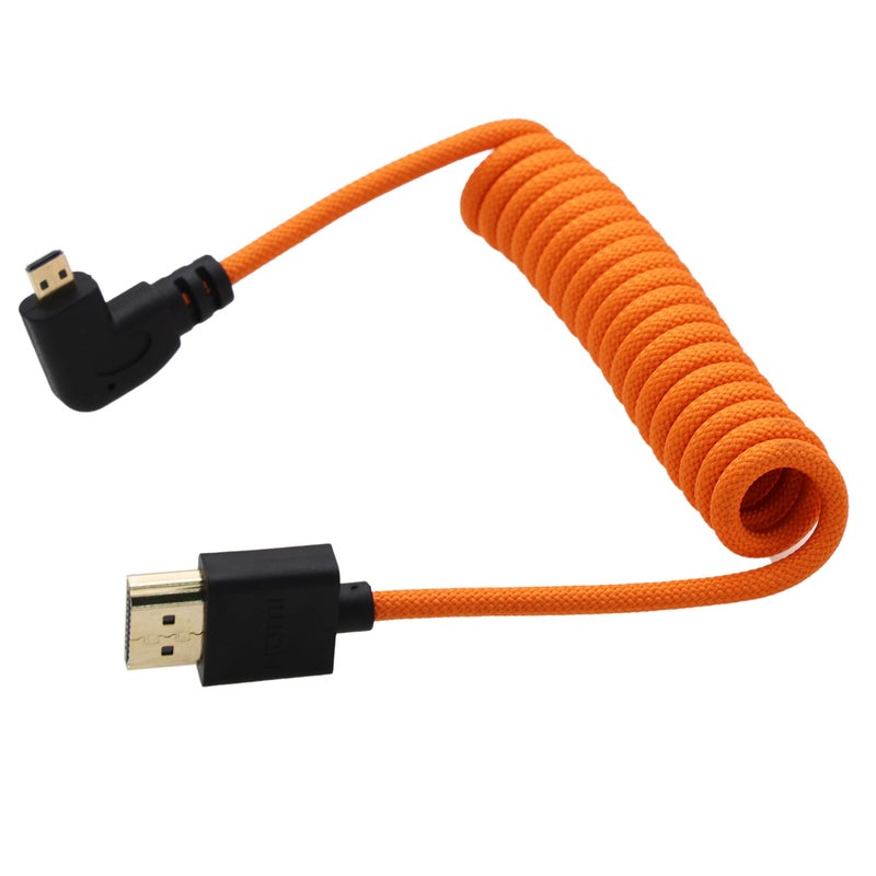 HangTon Right Angle MicroHDMI to HDMI 4K60 8K Raw Cable for ATOMOS Ninja V Ultra Sony ZVE10 A7C A7R4 A6700 Canon R6II R5C R10 Lumix S5 S9 G100 Fujifilm XT50 Orange Braided Coiled 30cm - Image 2