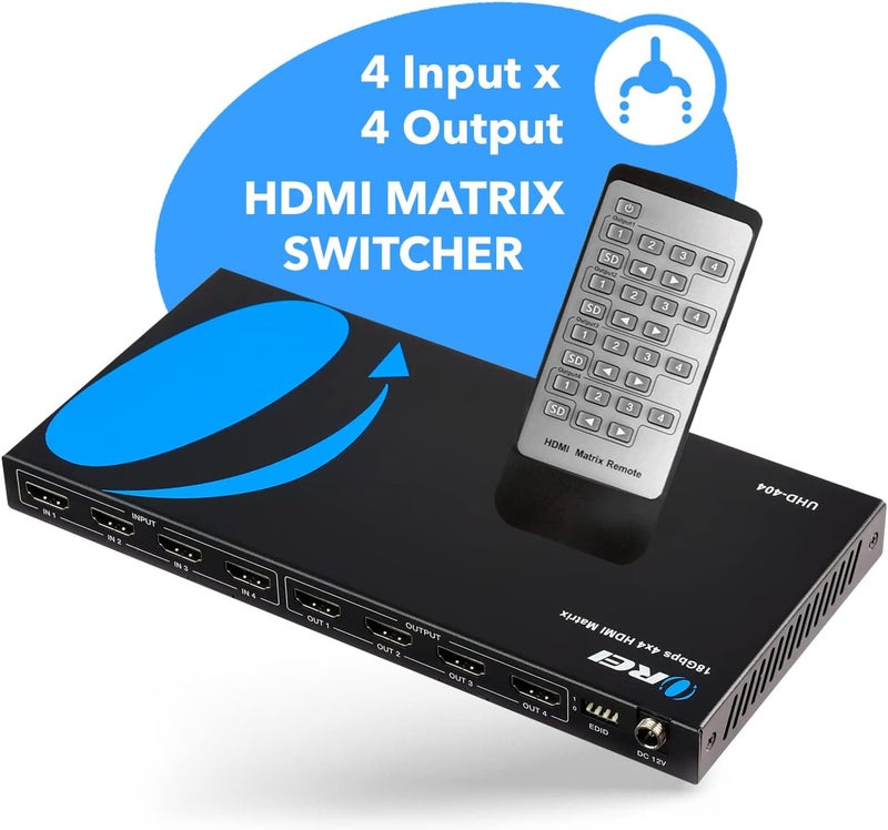 OREI 4x4 HDMI Matrix Switch/Splitter (4-Input, 4-Output) With Remote Control - Supports 4K@60Hz, HDR, HDMI 2.0, HDCP 2.2, 3D, 1080p, 18 GBPS - Downscaler - Image 2