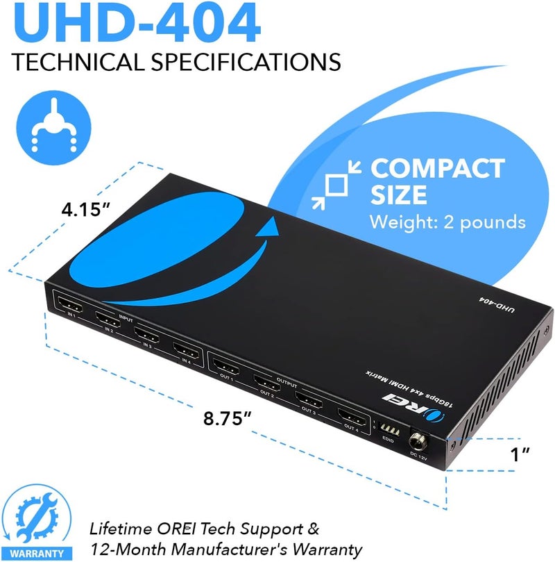 OREI 4x4 HDMI Matrix Switch/Splitter (4-Input, 4-Output) With Remote Control - Supports 4K@60Hz, HDR, HDMI 2.0, HDCP 2.2, 3D, 1080p, 18 GBPS - Downscaler - Image 5