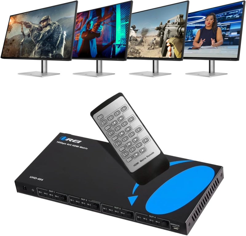 OREI 4x4 HDMI Matrix Switch/Splitter (4-Input, 4-Output) With Remote Control - Supports 4K@60Hz, HDR, HDMI 2.0, HDCP 2.2, 3D, 1080p, 18 GBPS - Downscaler - Image 1
