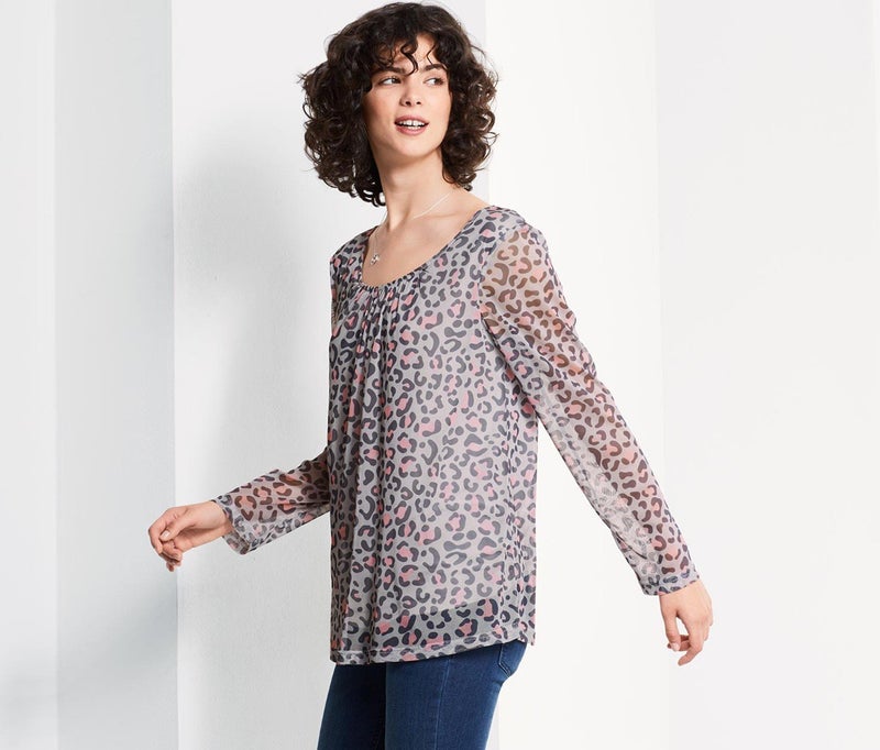 Tchibo Women Scoop Neck Allover Print Long Sleeve Blouse, Grey/Pink Combo  - Image 1