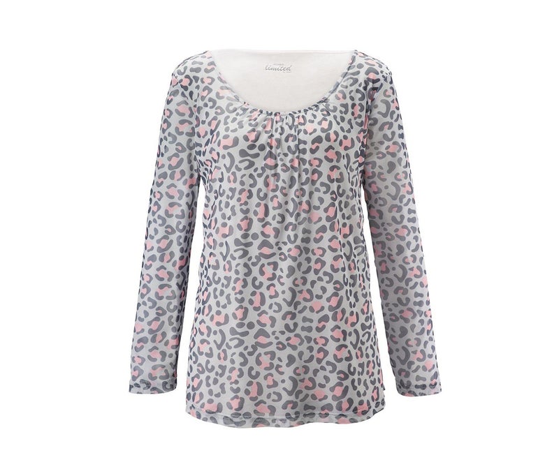 Tchibo Women Scoop Neck Allover Print Long Sleeve Blouse, Grey/Pink Combo  - Image 2