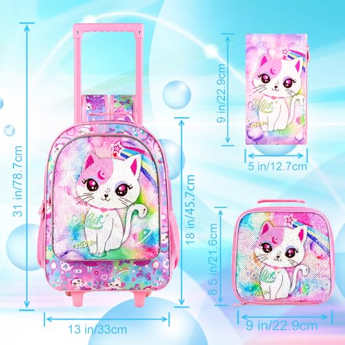 KLFVB Rolling Backpack for Girls, Kids Sequins Roller School Bag with Lunch Bag, Sequins Wheeled Bookbag for Children - Pink Cat - Image 4
