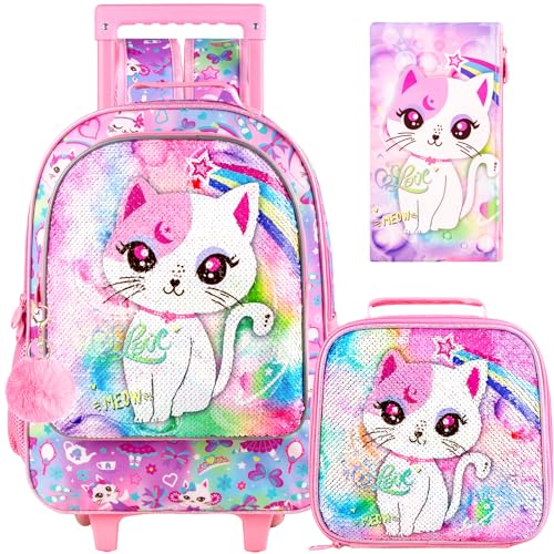 KLFVB Rolling Backpack for Girls, Kids Sequins Roller School Bag with Lunch Bag, Sequins Wheeled Bookbag for Children - Pink Cat - Image 1