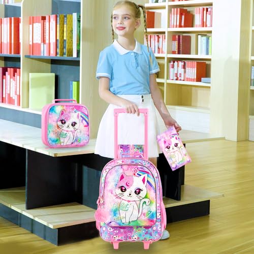 KLFVB Rolling Backpack for Girls, Kids Sequins Roller School Bag with Lunch Bag, Sequins Wheeled Bookbag for Children - Pink Cat - Image 2
