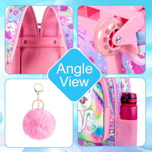 KLFVB Rolling Backpack for Girls, Kids Sequins Roller School Bag with Lunch Bag, Sequins Wheeled Bookbag for Children - Pink Cat - Image 5