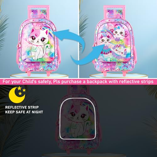 KLFVB Rolling Backpack for Girls, Kids Sequins Roller School Bag with Lunch Bag, Sequins Wheeled Bookbag for Children - Pink Cat - Image 3