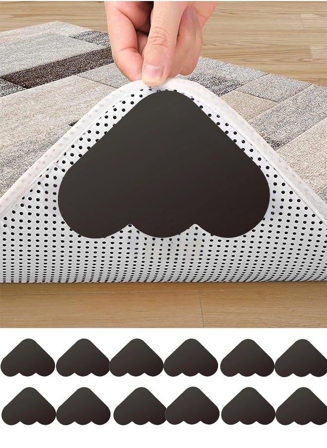 Farahom 12 Pcs Rug Pad Gripper, Non-Slip Rug Tape for Hardwood Floors and Tiles, Reusable Washable Carpet Tape for Area Rugs, Double-Sided Adhesive Rug Stickers Keep Corners Flat, Black  - Image 1