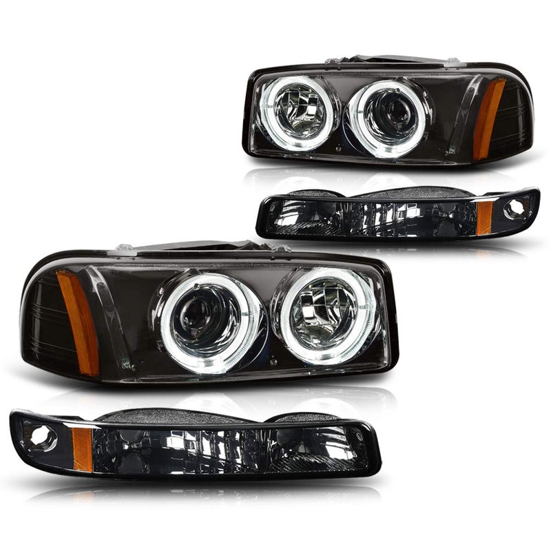 PM PERFORMOTOR Smoke Lens Amber Dual LED Projector Headlights Compatible with 9907 GMC Sierra 15000107 Sierra 2500 HD 9906 Yukon Does NOT Fit All Denali Trims PMHLGSIE99064PHAPSA