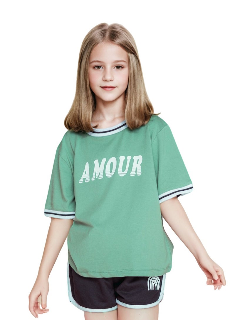 WiNi BEE Kids Tshirt Summer Fashion Children Tee Cotton Teens Short Sleeves Loose GreenT Shirt 3D Flock Print Letters Girls Clothes 8-16Y - Image 1