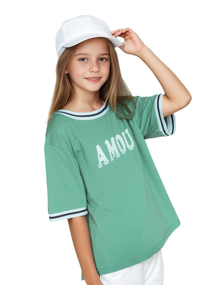 WiNi BEE Kids Tshirt Summer Fashion Children Tee Cotton Teens Short Sleeves Loose GreenT Shirt 3D Flock Print Letters Girls Clothes 8-16Y - Image 2