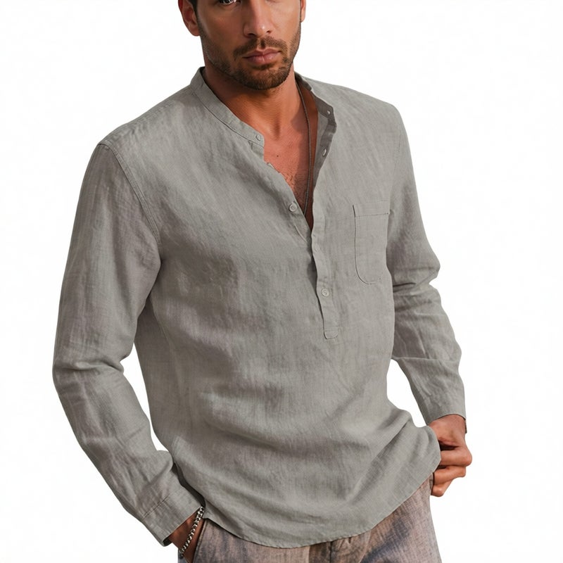 Men's Long Sleeve V-Neck Casual Linen Beach Shirt - Image 4