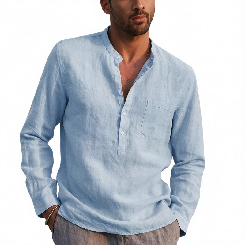 Men's Long Sleeve V-Neck Casual Linen Beach Shirt - Image 3