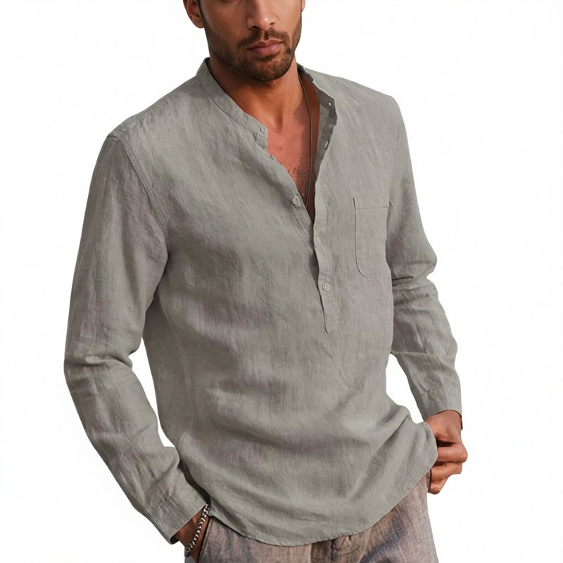 Men's Long Sleeve V-Neck Casual Linen Beach Shirt - Image 1