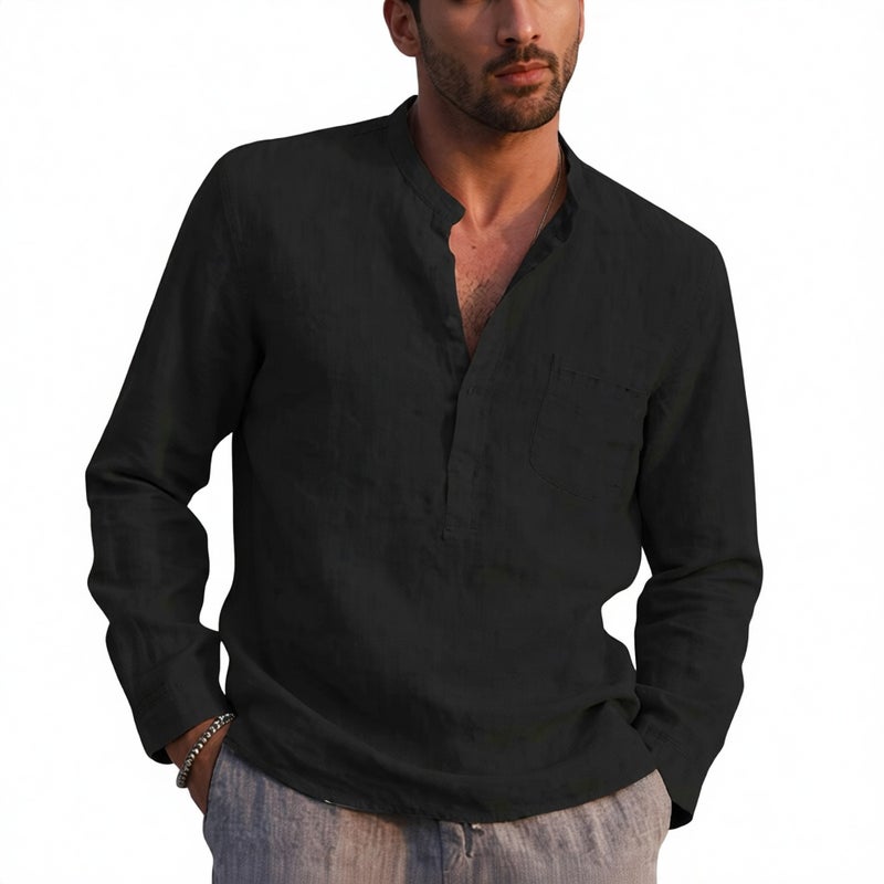 Men's Long Sleeve V-Neck Casual Linen Beach Shirt - Image 2