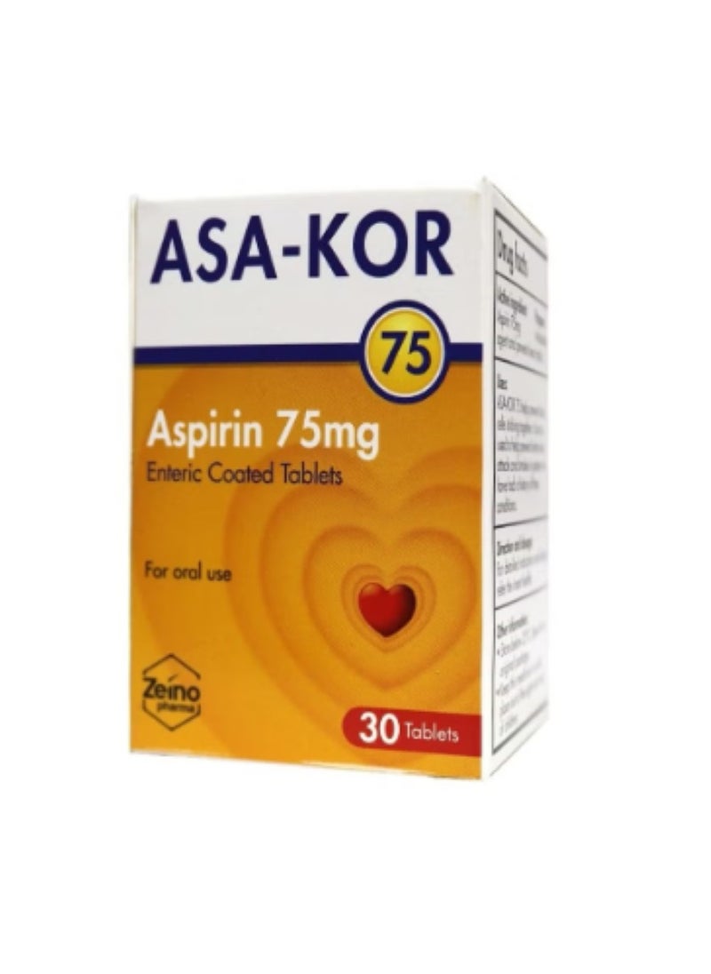 Zeino Pharma Asa-Kor Aspirin 75 mg, 30 Enteric Coated Tablets  - Image 3