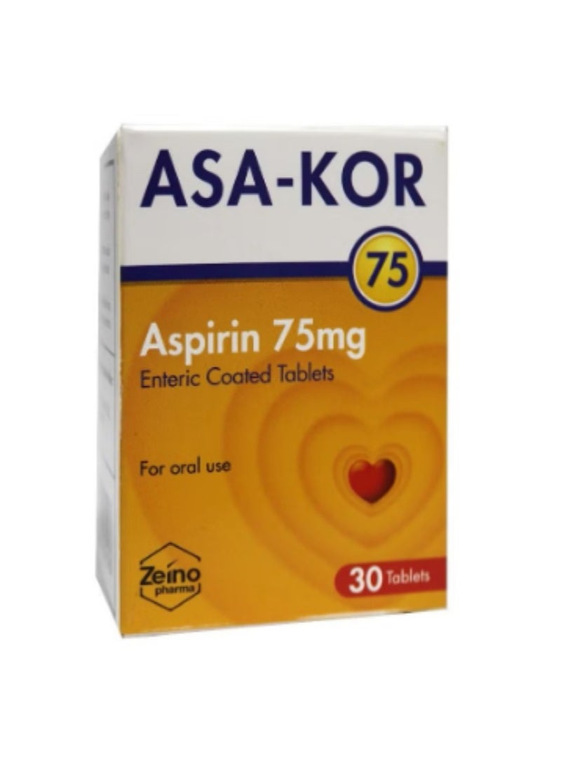 Zeino Pharma Asa-Kor Aspirin 75 mg, 30 Enteric Coated Tablets  - Image 4