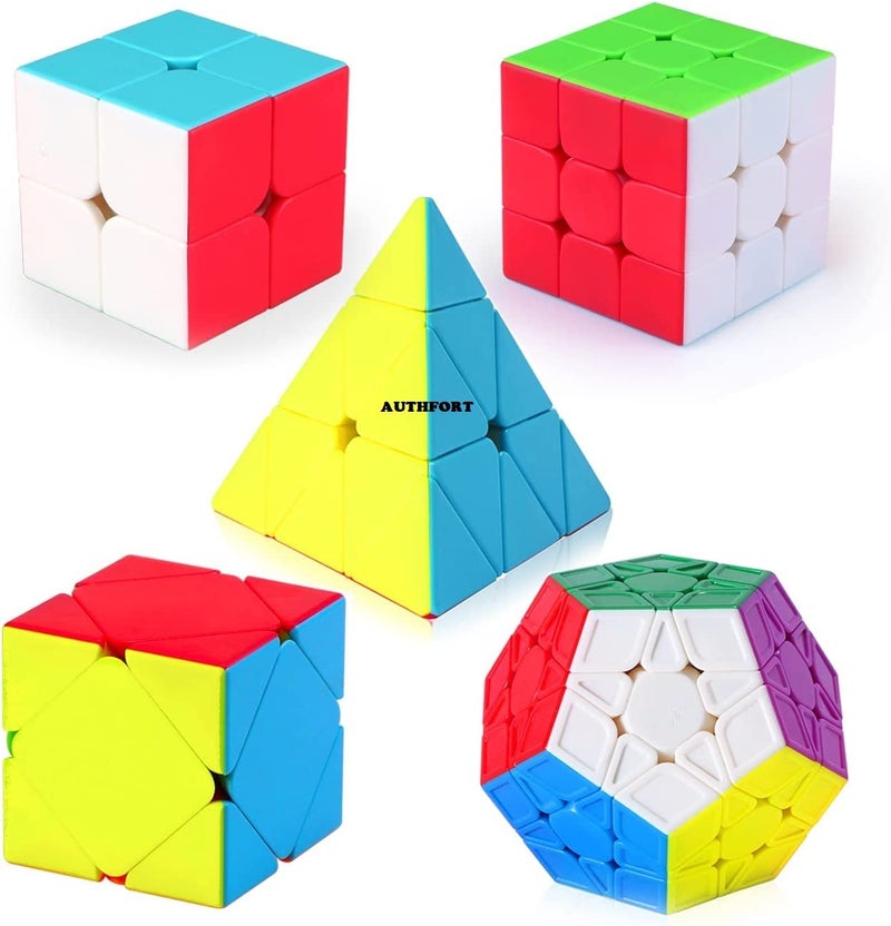 AUTHFORT Speed Cube Set, [5 Pack] Magic Cube Bundle of 2x2 3x3 Skew Megaminx Cube and Pyramid Cube Smoothly Stickerless Speed Cubes Collection (5 Pieces) - Image 1