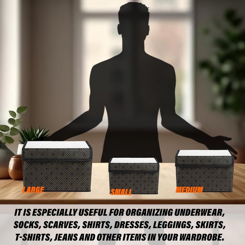 Kuber Industries Drawer Storage Box Clothes Drawer Organizer with Handle Transparent Lid with Velcro Wardrobe Organizer for Books Dhakkan Storage Box GoldenDot Large Pack of 2 Black - Image 3