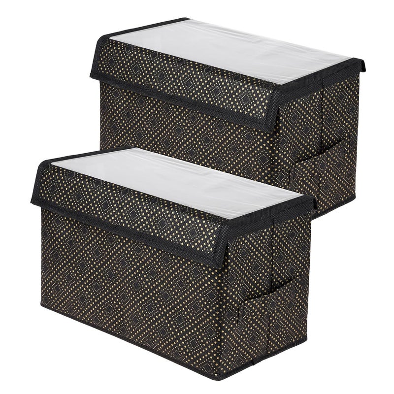 Kuber Industries Drawer Storage Box Clothes Drawer Organizer with Handle Transparent Lid with Velcro Wardrobe Organizer for Books Dhakkan Storage Box GoldenDot Large Pack of 2 Black - Image 1