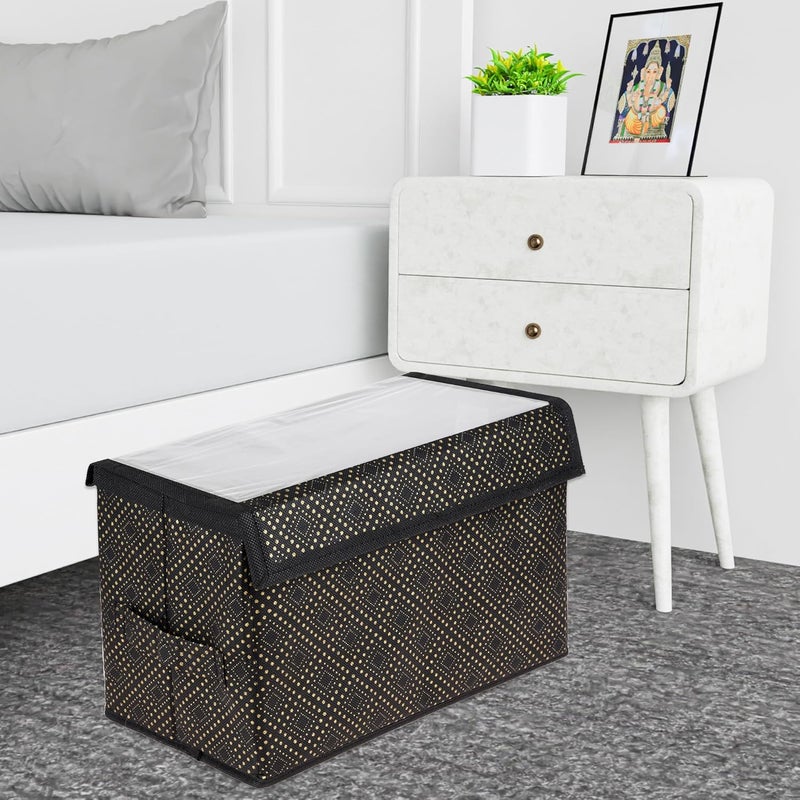 Kuber Industries Drawer Storage Box Clothes Drawer Organizer with Handle Transparent Lid with Velcro Wardrobe Organizer for Books Dhakkan Storage Box GoldenDot Large Pack of 2 Black - Image 5