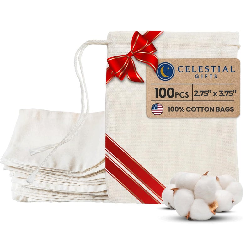 Celestial Gifts Cotton Muslin Bags 100 Count (2.75 x 3.75 inches) Natural Drawstring, made with 100% cotton in the USA by Celestial Gifts - Image 1