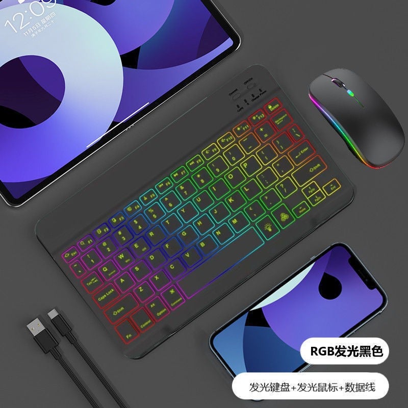 Cross-border selling bluetooth keyboard mobile phone tablet external wonderful control keyboard colorful luminous keyboard mouse suit [10 inch gradient backlight keyboard luminous charging mouse-black suit]]