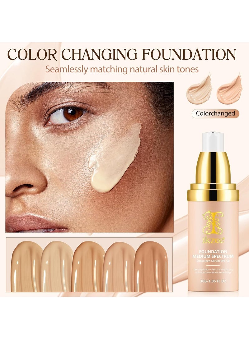 IKZEE Color Changing Foundation, 4 in 1 Full Coverage SPF50+ Flawless Foundation, Hydrating Longwearing&Waterproof Concealer for All Skin Types, Hides Wrinkles and Lines - Image 3