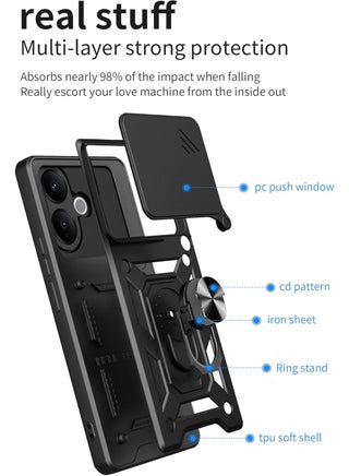 for vivo V60 Lite 5G Case Cover, Slide Camera Lens Cover, Magnetic Ring Holder Kickstand Protective Phone Case for vivo V60 Lite 5G, Black - view 2