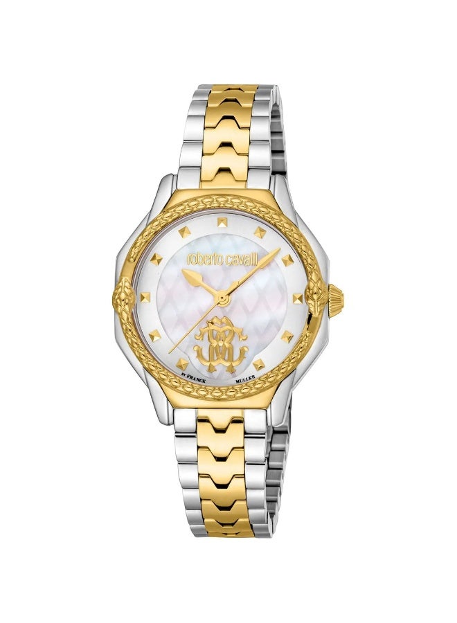روبرتو كافالي ساعة نسائية Roberto Cavalli RV1L225M0071 – تعاون Franck Muller الفاخر، سوار ستانلس ستيل ثنائي اللون (فضي & ذهبي)، ميناء أبيض، حركة كوارتز - Image 1