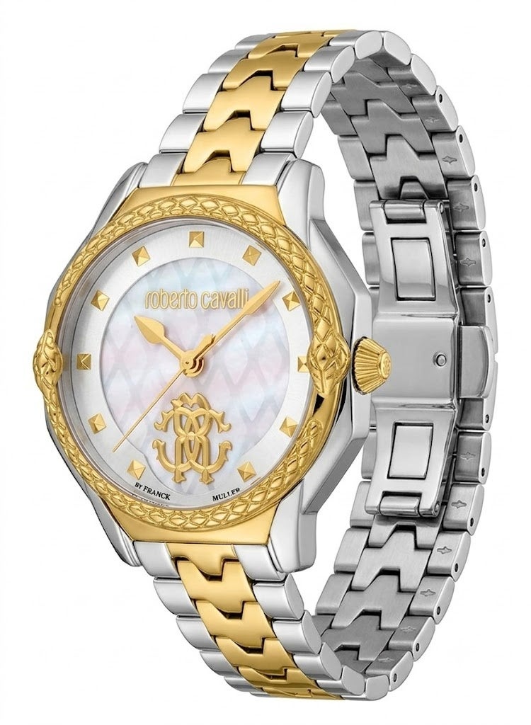 روبرتو كافالي ساعة نسائية Roberto Cavalli RV1L225M0071 – تعاون Franck Muller الفاخر، سوار ستانلس ستيل ثنائي اللون (فضي & ذهبي)، ميناء أبيض، حركة كوارتز - Image 2