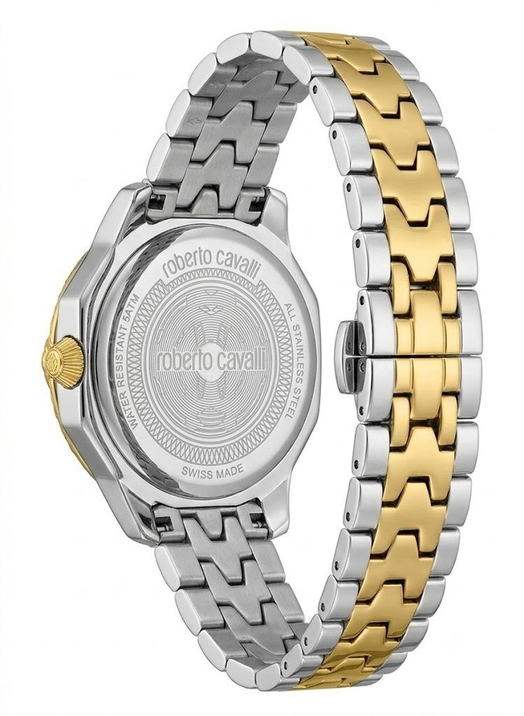 روبرتو كافالي ساعة نسائية Roberto Cavalli RV1L225M0071 – تعاون Franck Muller الفاخر، سوار ستانلس ستيل ثنائي اللون (فضي & ذهبي)، ميناء أبيض، حركة كوارتز - Image 3