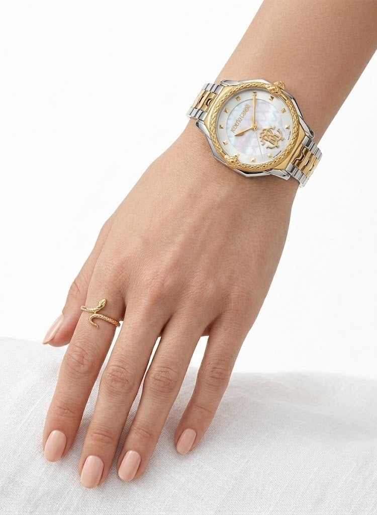 روبرتو كافالي ساعة نسائية Roberto Cavalli RV1L225M0071 – تعاون Franck Muller الفاخر، سوار ستانلس ستيل ثنائي اللون (فضي & ذهبي)، ميناء أبيض، حركة كوارتز - Image 4
