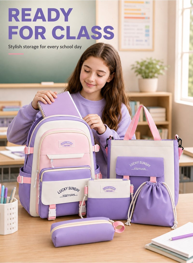 School Bags for Girls, 5Pcs School Backpack Set with Lunch Bag, Pencil Case, Handbag, Coin Purse for Teen Grils (Purple) - Image 5
