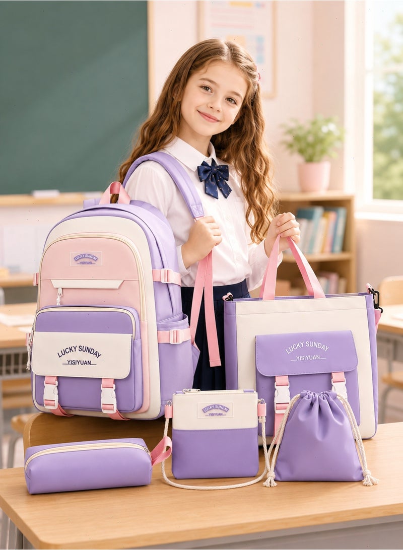 School Bags for Girls, 5Pcs School Backpack Set with Lunch Bag, Pencil Case, Handbag, Coin Purse for Teen Grils (Purple) - Image 1