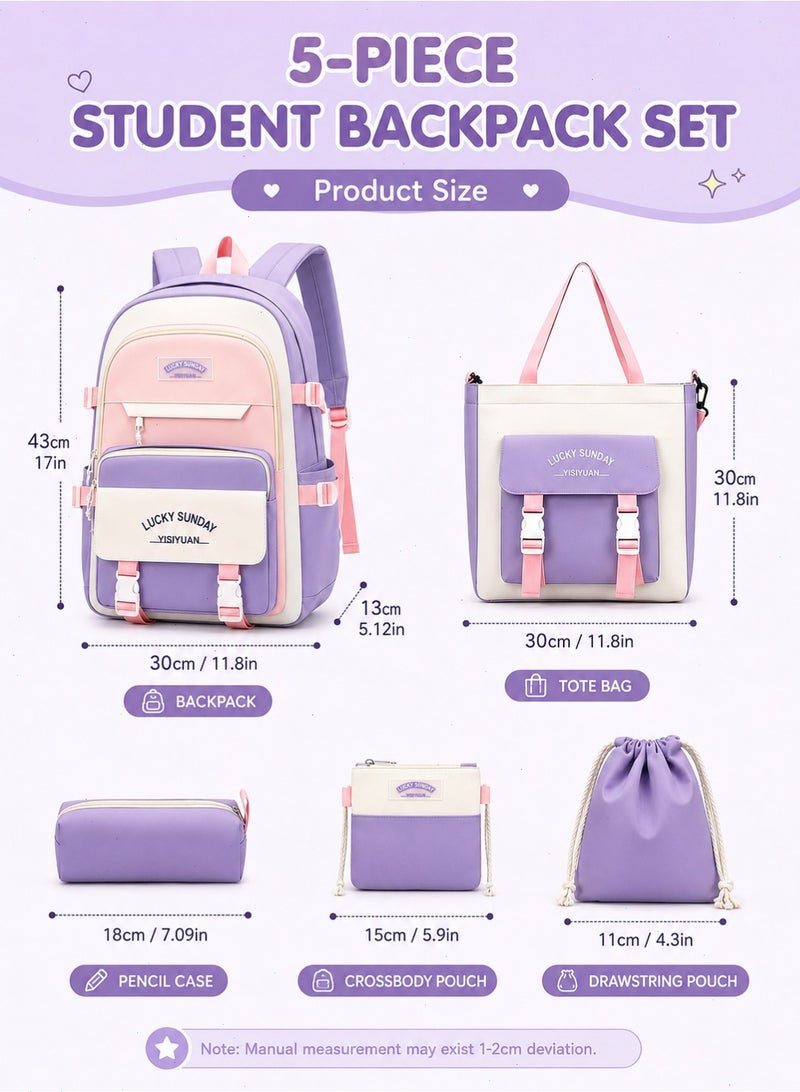 School Bags for Girls, 5Pcs School Backpack Set with Lunch Bag, Pencil Case, Handbag, Coin Purse for Teen Grils (Purple) - Image 2