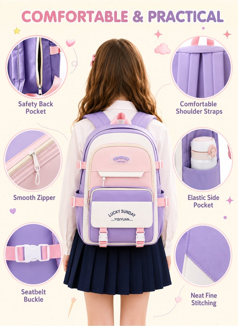 School Bags for Girls, 5Pcs School Backpack Set with Lunch Bag, Pencil Case, Handbag, Coin Purse for Teen Grils (Purple) - Image 4