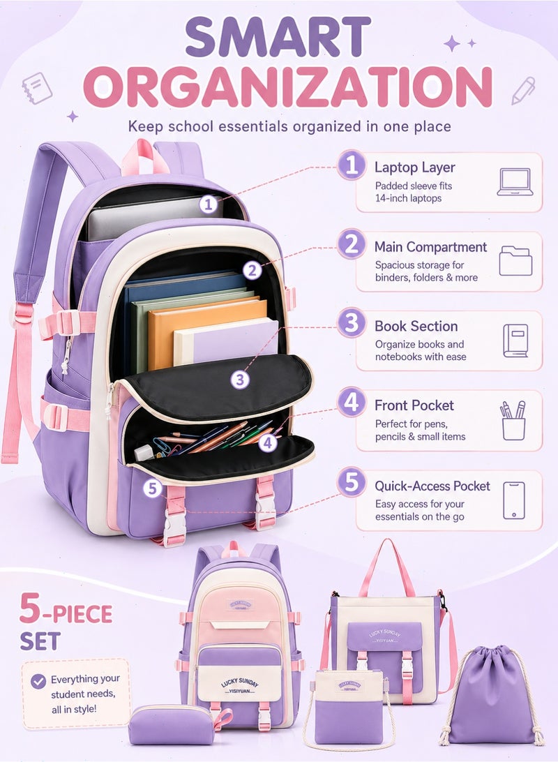 School Bags for Girls, 5Pcs School Backpack Set with Lunch Bag, Pencil Case, Handbag, Coin Purse for Teen Grils (Purple) - Image 3