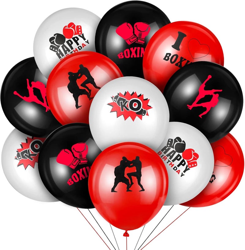 Vinsot زينة حفلات الملاكمة من فينسوت 36 حبة بالونات ملاكمة 12 بوصة باللون الأحمر والأسود والأبيض لوازم حفلات عيد الميلاد بموضوع رياضة المصارعة - Image 1