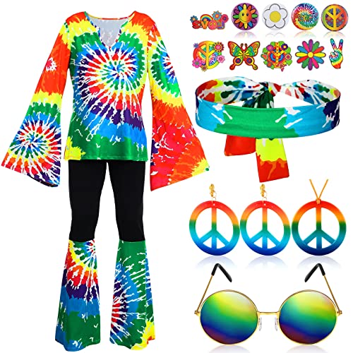 Jiuguva 17pcs 60s 70s Outfits for Women Hippie Costume Set Disco Outfit (Rainbow,Small) - Image 1