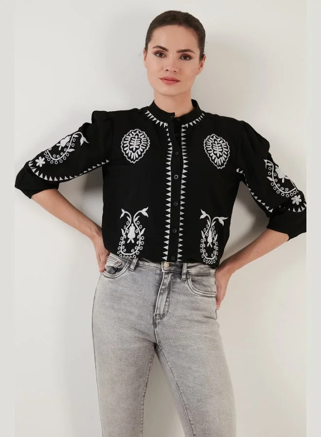 Lela Lela Embroidered Three Quarter Sleeve Judge Collar Cotton Şile Cloth Shirt Women's SHIRT 611BZ0044