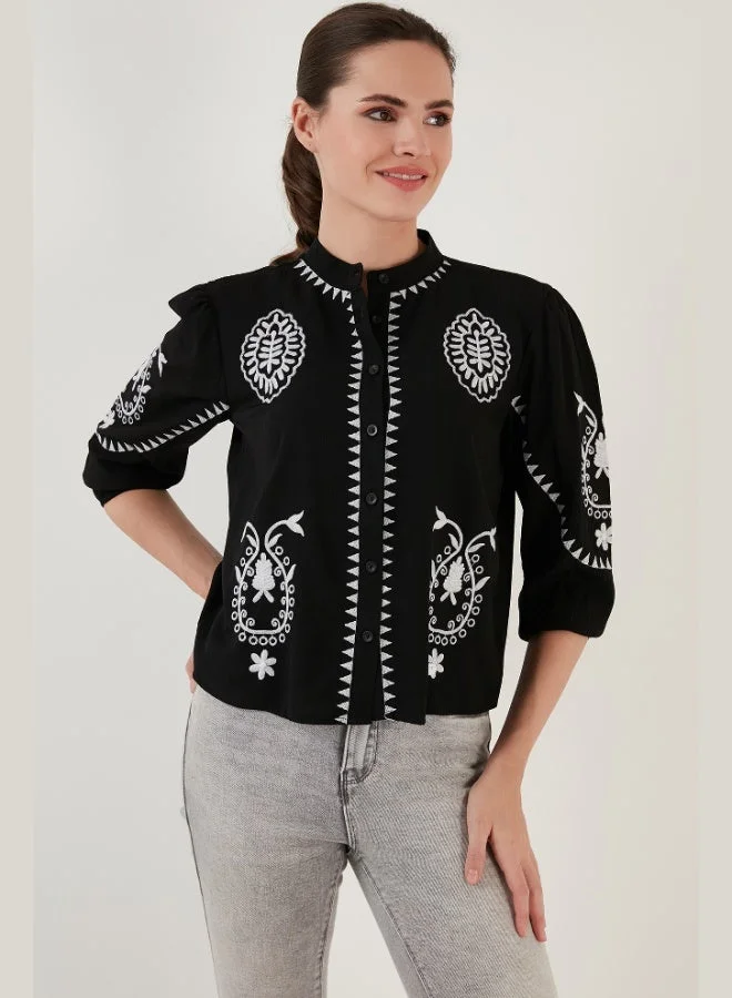 Lela Lela Embroidered Three Quarter Sleeve Judge Collar Cotton Şile Cloth Shirt Women's SHIRT 611BZ0044