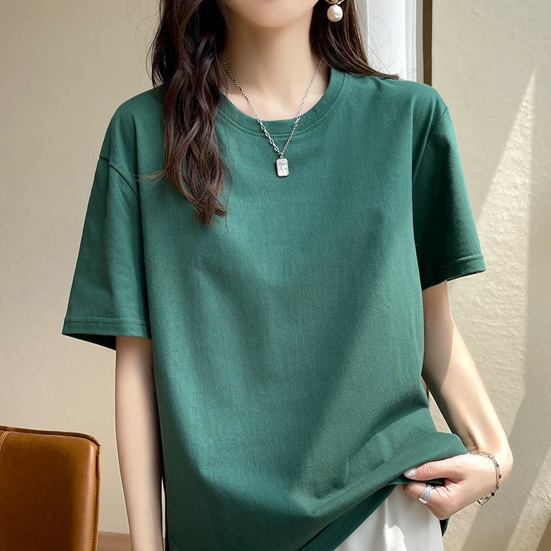New Summer 200g Cotton Basic Short-sleeved T-shirt Women's Vest Round Neck Loose Casual White T Base Shirt - Image 1