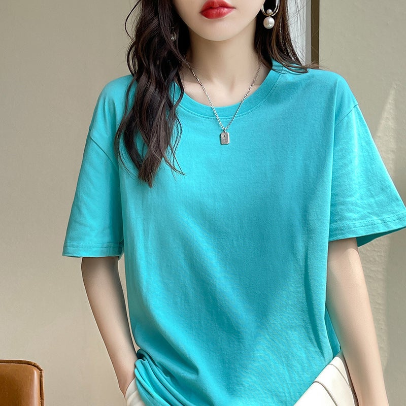 New Summer 200g Cotton Basic Short-sleeved T-shirt Women's Vest Round Neck Loose Casual White T Base Shirt - Image 2
