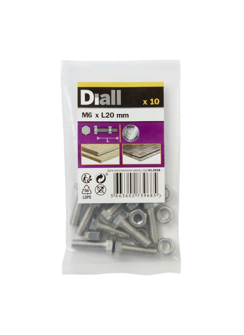 ACE - M6 Hex Stainless Steel Bolt And Nut 20 Mm 10 Piece - Image 1