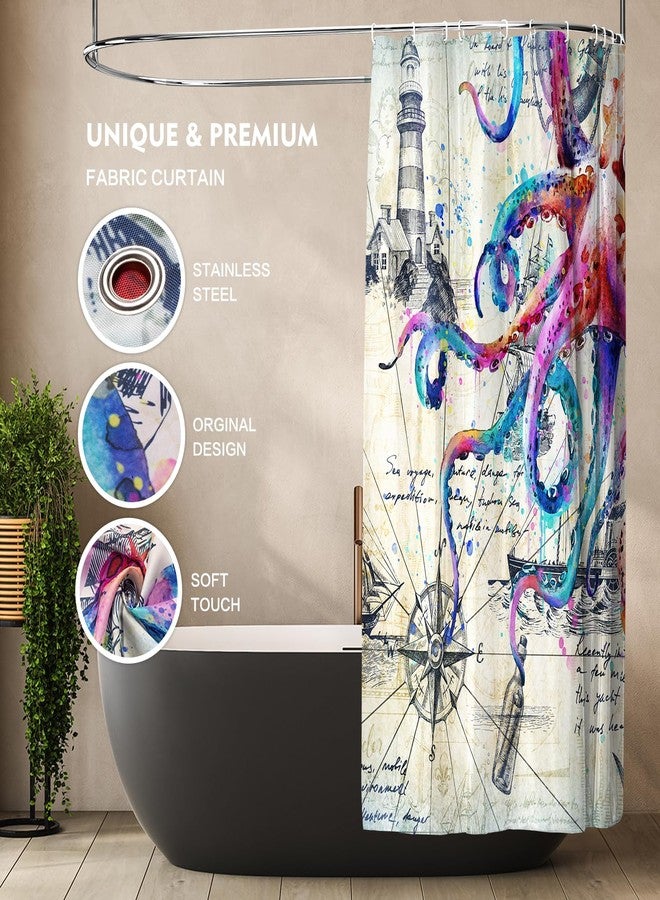 Lokigo Colorful Nautical Octopus Shower Curtain Funny Ocean Kraken Curtains for Bathroom Anchor Coastal Map Waterproof Fabric Set Cool Decor with Hooks, 72'' x - Image 3
