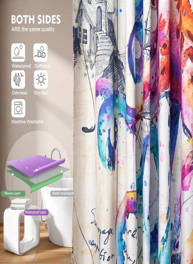 Lokigo Colorful Nautical Octopus Shower Curtain Funny Ocean Kraken Curtains for Bathroom Anchor Coastal Map Waterproof Fabric Set Cool Decor with Hooks, 72'' x - Image 2