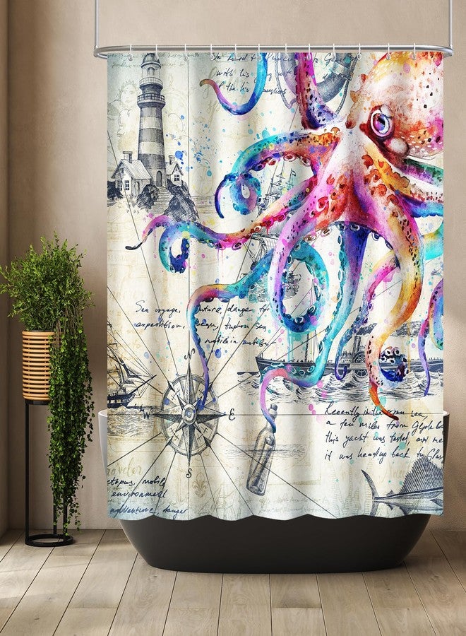 Lokigo Colorful Nautical Octopus Shower Curtain Funny Ocean Kraken Curtains for Bathroom Anchor Coastal Map Waterproof Fabric Set Cool Decor with Hooks, 72'' x - Image 1