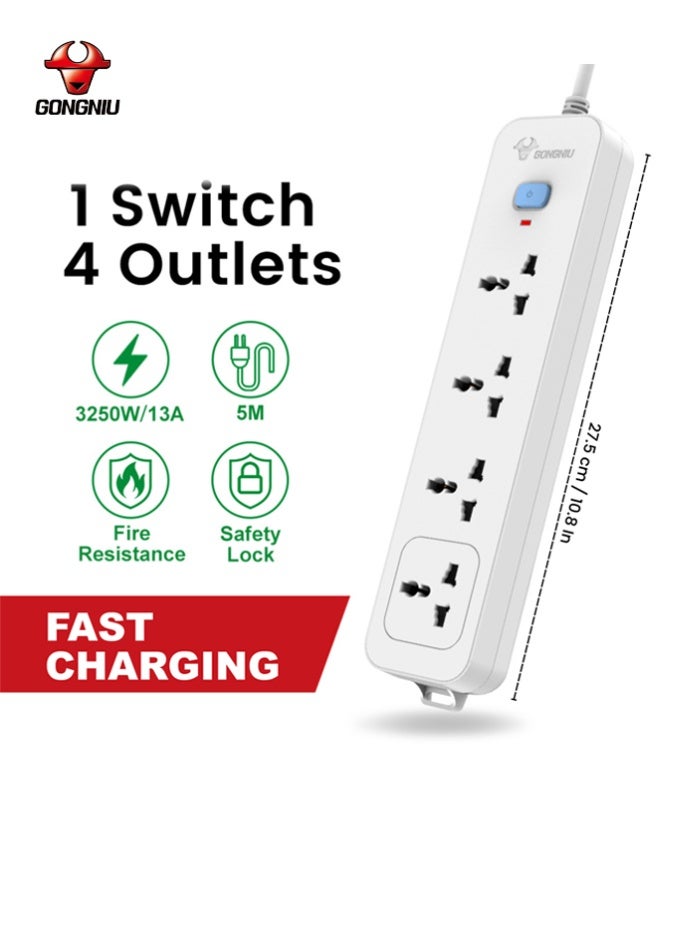 غونغنيو سلك تمديد كهربائي بأربعة منافذ بطول 5 أمتار مع مفتاح رئيسي، شريط طاقة متعدد المقابس عالمي مزود بفتحات تعليق، سلك تمديد للمنزل والمكتب - Image 2