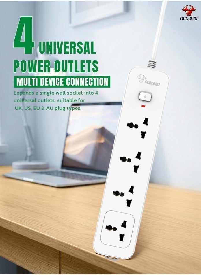 4 Way 5M Power Extension Cord 13A 3250W Power Strip With Master Switch Universal Sockets Child Safety Shutter Fire Resistant Body Wall Mount Extension Socket For Home Office